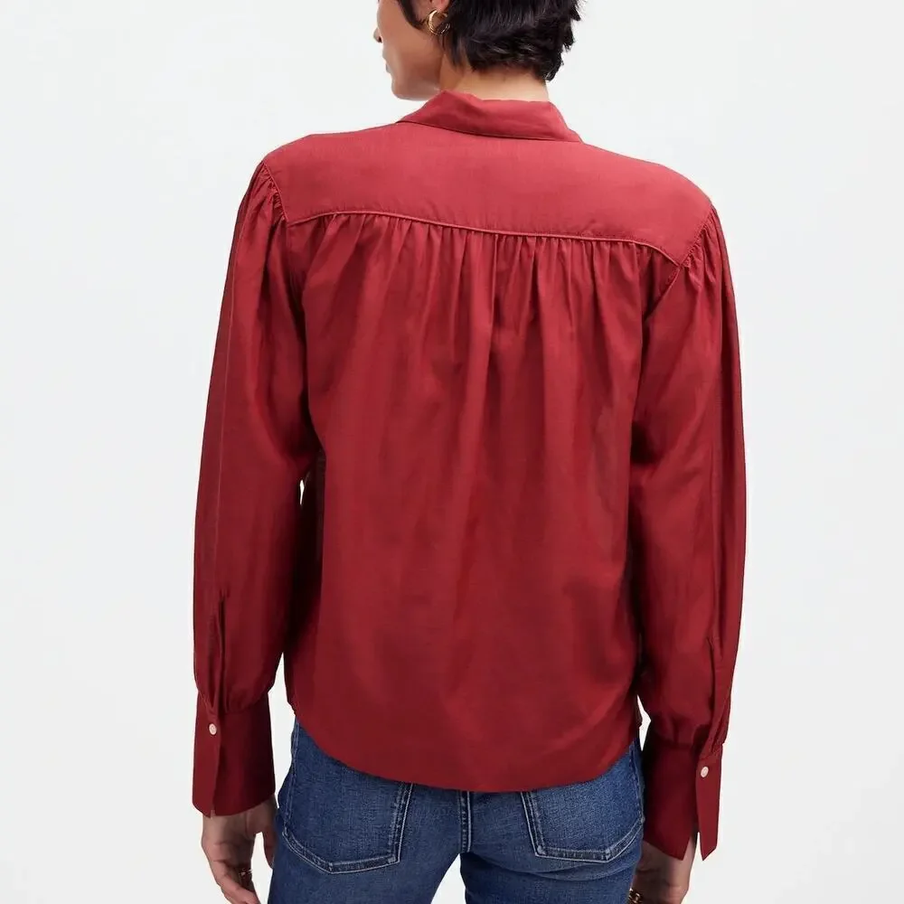 Madewell Easy Top Long Sleeve Collared Split Neck Popover Shirt Claret Red NWT S